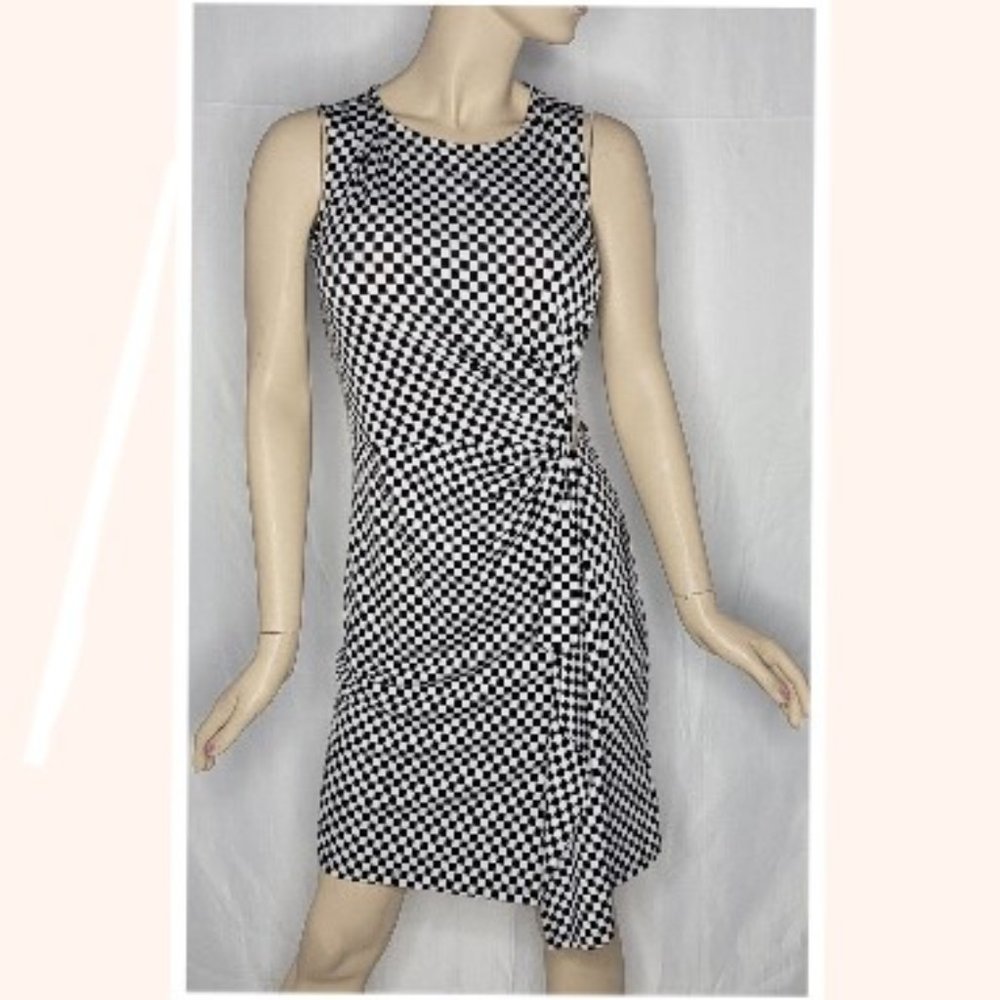 Michael Kors Sleeveless Black and White Checkered Faux Wrap Dress